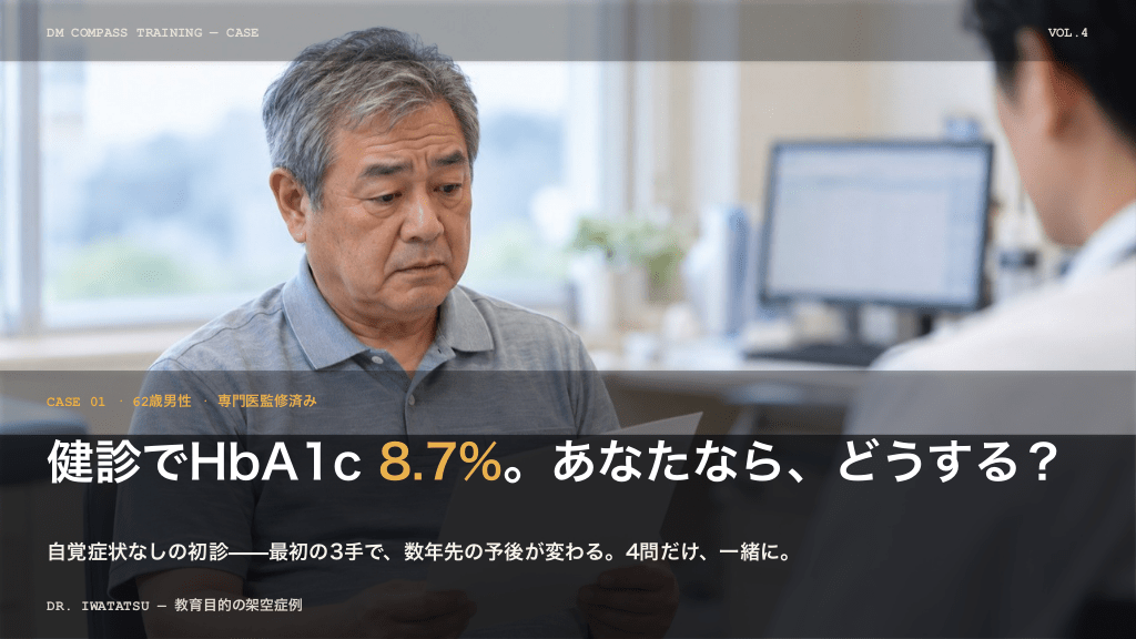 【考える症例】健診でHbA1c 8.7%、あなたなら？｜初診の3手（評価・検査・薬剤選択）を4問で【DM Compass】 L1.png