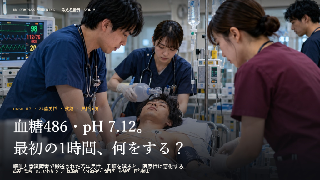 【考える症例 Vol.5】血糖486・pH 7.12。最初の1時間、何をする？｜DKA初期対応を4問で【DM Compass】 L001.png