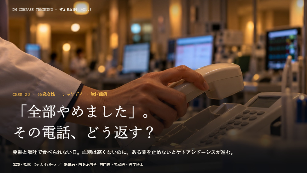 【考える症例 Vol.6】「血糖が低いから、全部やめました」——その電話、どう返す？｜シックデイとSGLT2のeuDKAを4問で【DM Compass】 L001.png